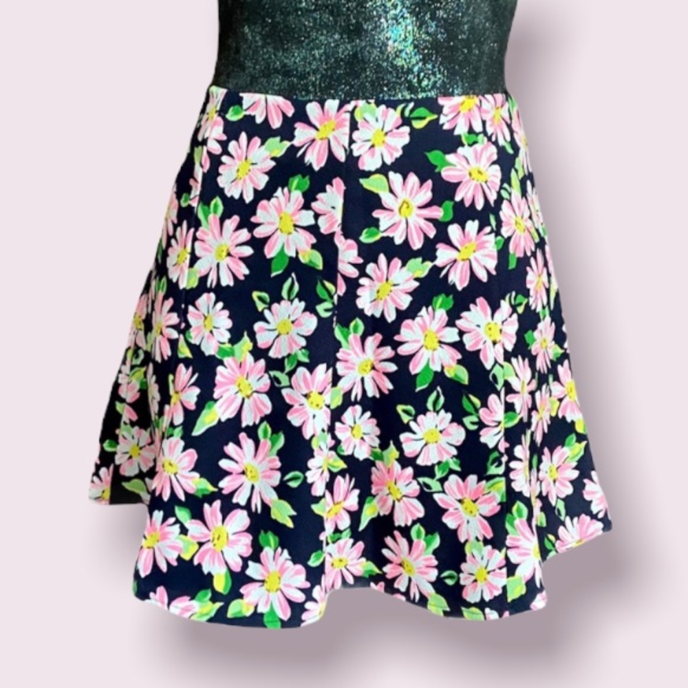 Lush Black Skater Skirt with Fluorescent Pink Daisy Print
